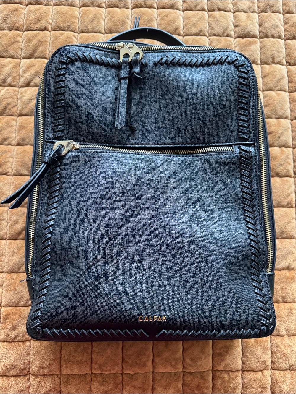 Calpak Black Backpack with Braided Trim and Gold Hardware